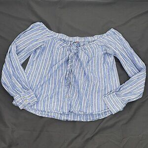 Free People Top Women M Off The Shoulder Striped Linen‎ Button Up Preppy Boho
